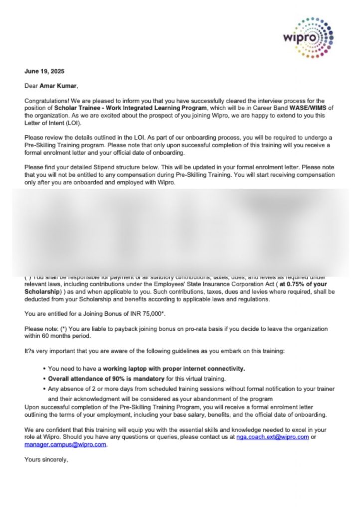 Letter of Intent from Wipro Technologies selecting CIMAGE Group of Institutions Patna student Amar Kumar as Scholar Trainee in Work Integrated Learning Program WASE WIMS Career Band June 2025