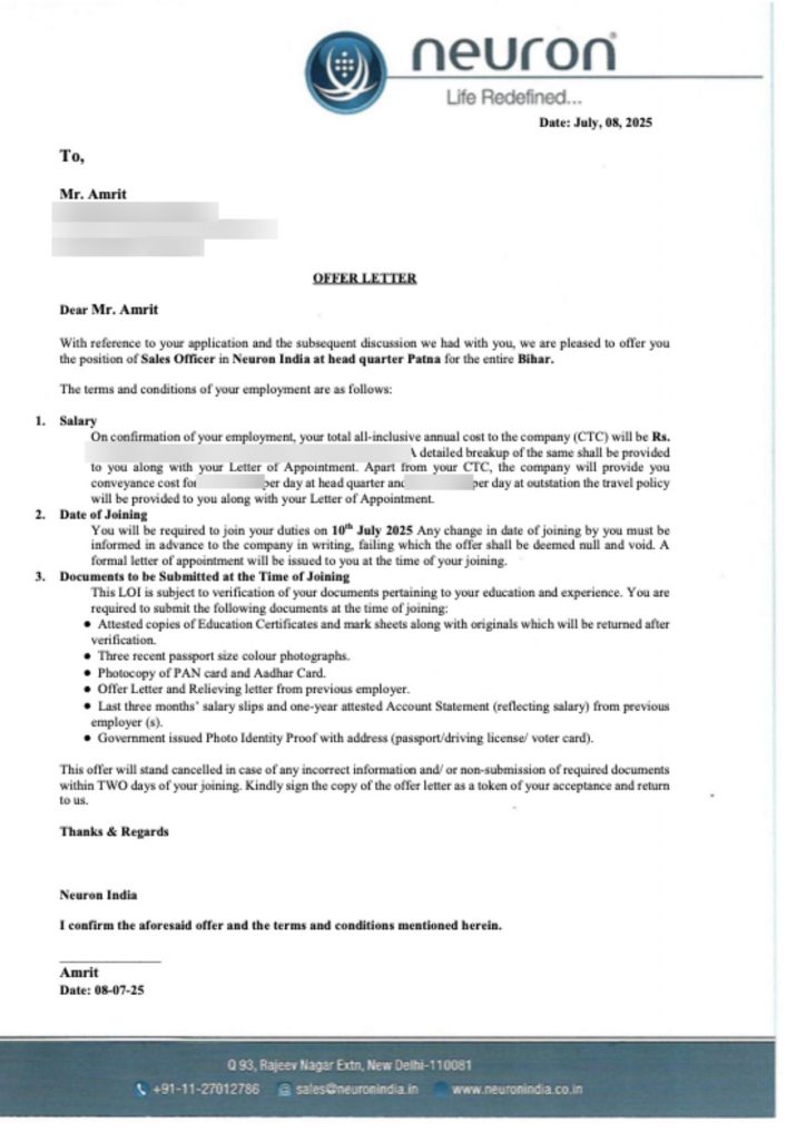 Offer letter from Neuron India appointing CIMAGE Group of Institutions Patna student Amrit as Sales Officer at Neuron India head quarter Patna for entire Bihar territory