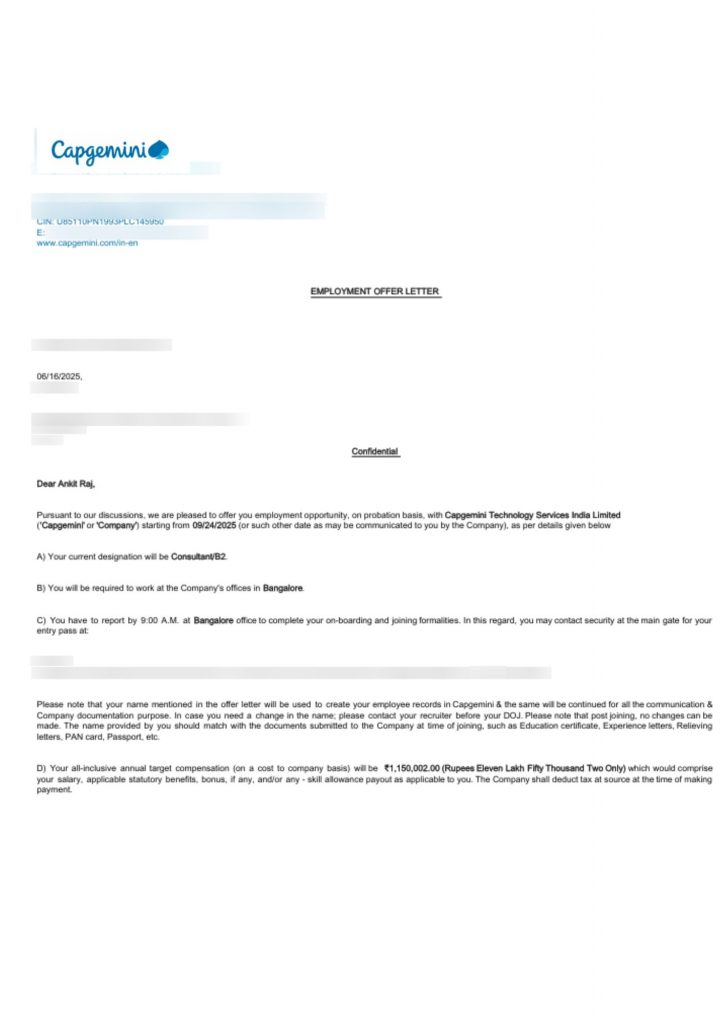 Employment offer letter from Capgemini Technology Services India Limited appointing CIMAGE Group of Institutions Patna student Ankit Raj as Consultant B2 at 11.5 lacs annual package Bangalore 2025