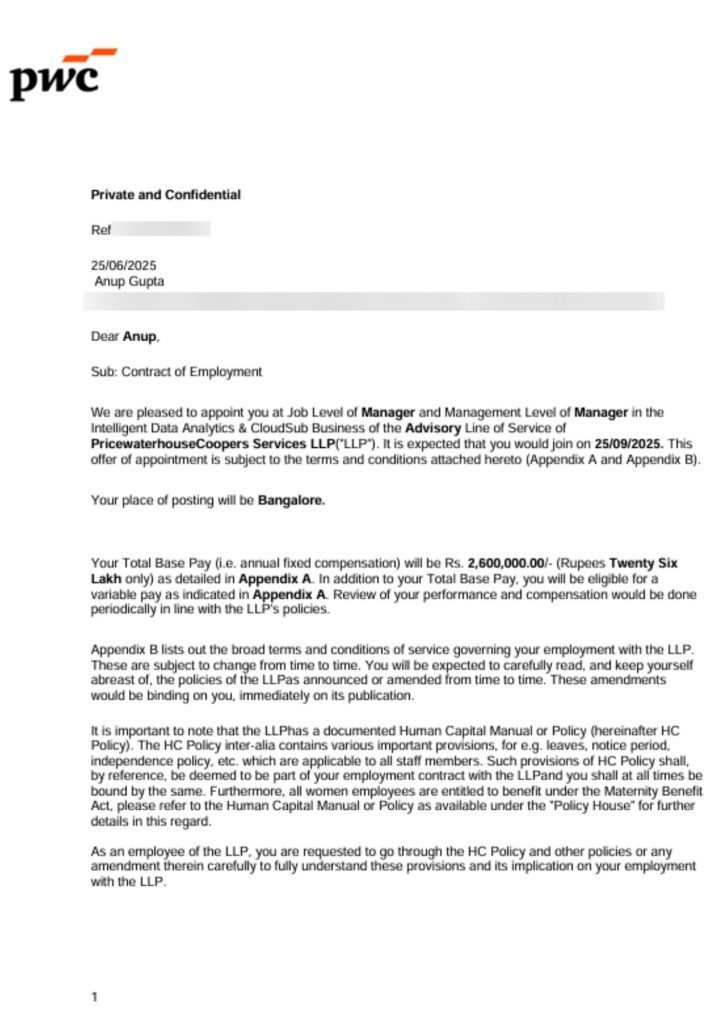 Offer letter from PricewaterhouseCoopers PwC appointing CIMAGE Group of Institutions Patna student Anup Gupta as Manager in Intelligent Data Analytics and Advisory at ₹26 LPA package Bangalore
