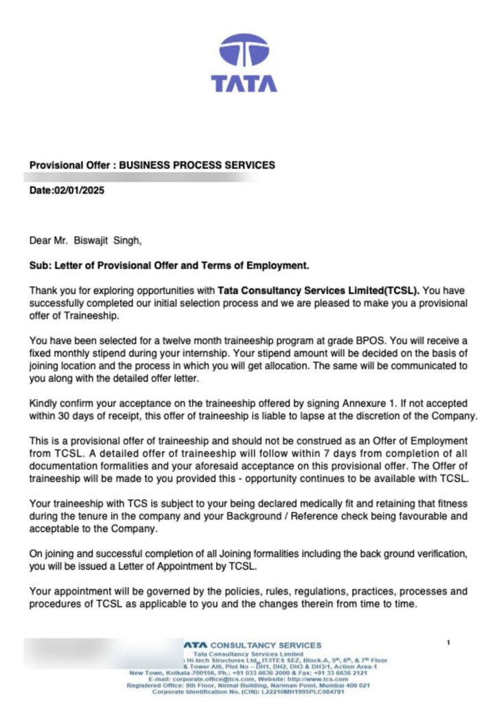 Provisional offer letter from Tata Consultancy Services TCS selecting CIMAGE Group of Institutions Patna student Biswajit Singh for 12 month Business Process Services BPOS traineeship programme January 2025