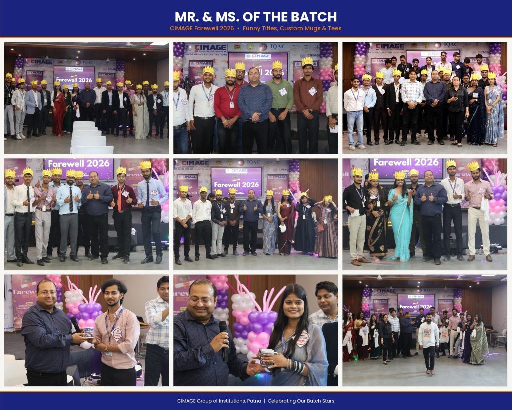 Students with funny-title paper crowns, custom coffee mugs, and personalized t-shirts being honoured by the Director at CIMAGE Farewell 2026