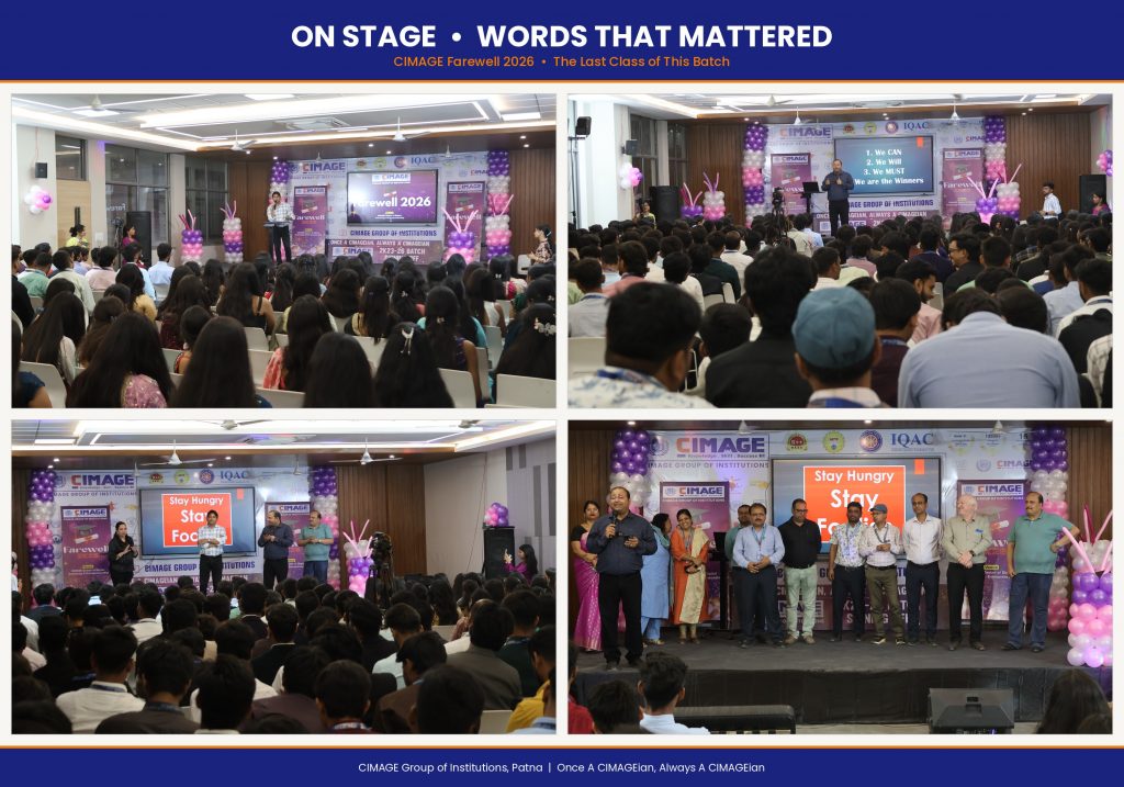 Dean, Director, and faculty members on stage addressing outgoing students at CIMAGE Farewell 2026 — the last class of the batch