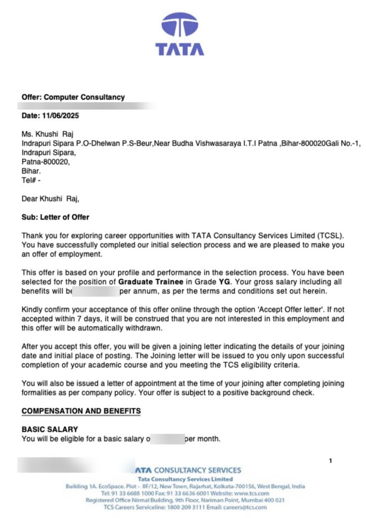 Letter of offer from Tata Consultancy Services TCS selecting CIMAGE Group of Institutions Patna student Khushi Raj as Graduate Trainee Grade YG in Computer Consultancy