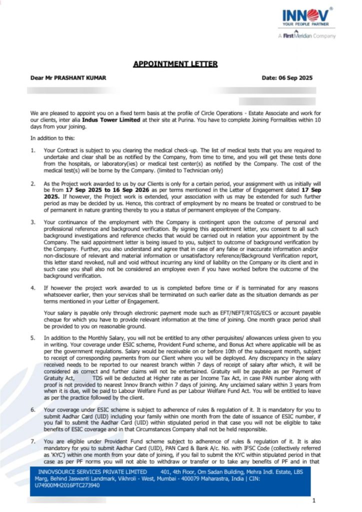 Appointment letter from Innovsource Services Private Limited a FirstMeridian company appointing CIMAGE Group of Institutions Patna student Prashant Kumar as Circle Operations Estate Associate for Indus Tower Limited September 2025