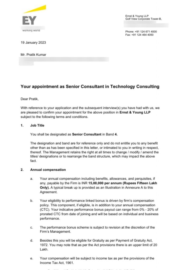 Appointment letter from Ernst and Young LLP appointing CIMAGE Group of Institutions Patna student Pratik Kumar as Senior Consultant in Technology Consulting Band 4 at 15 lacs annual package January 2023