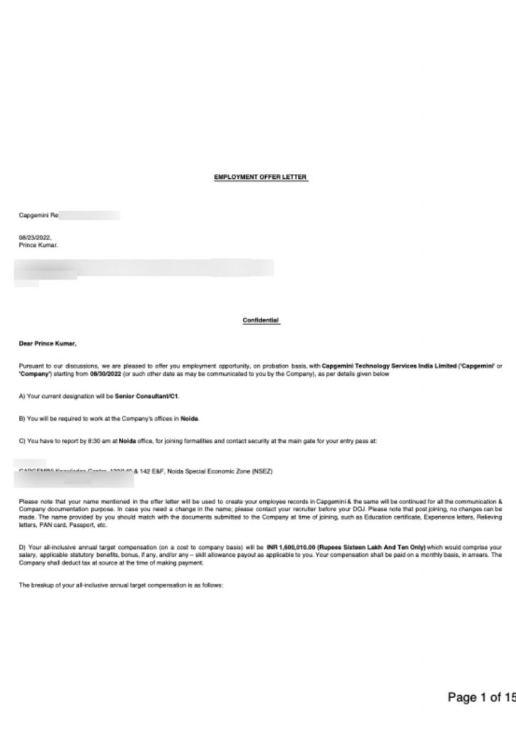 Employment offer letter from Capgemini Technology Services India Limited appointing CIMAGE Group of Institutions Patna student Prince Kumar as Senior Consultant C1 at 16 lacs annual package Noida 2022
