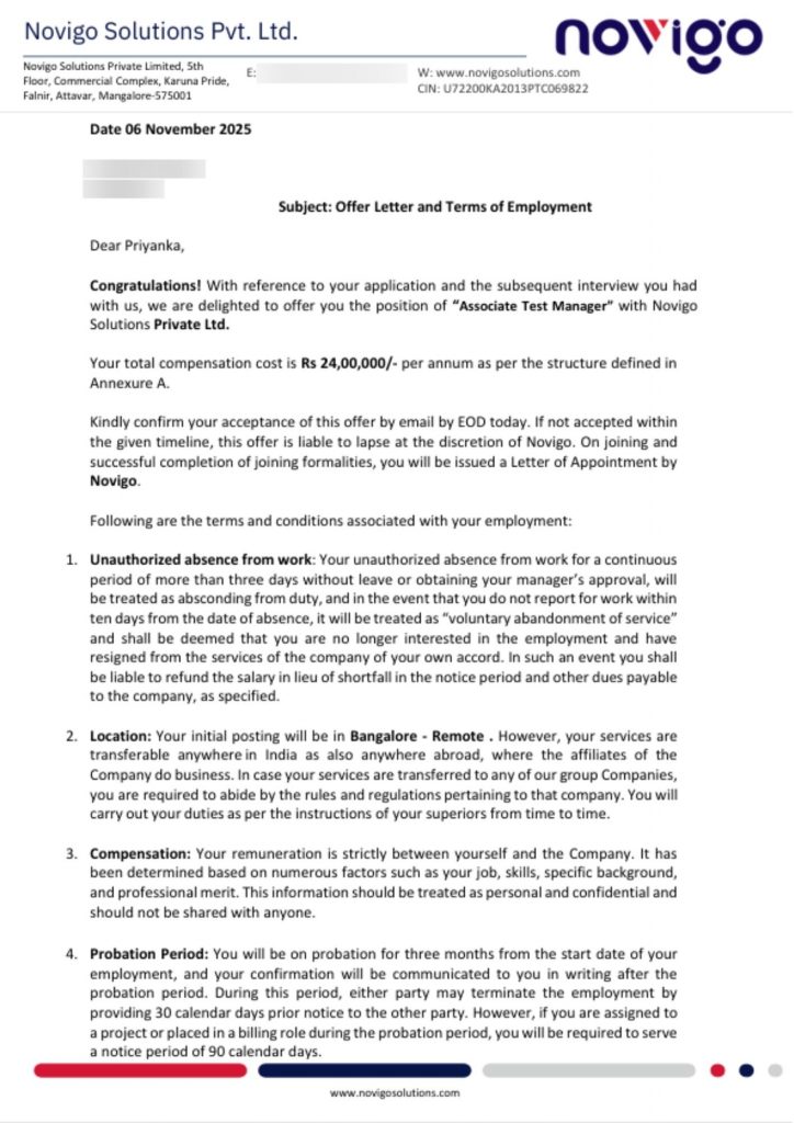 Offer letter from Novigo Solutions Private Limited appointing CIMAGE Group of Institutions Patna student Priyanka as Associate Test Manager at 24 lacs annual package Bangalore November 2025