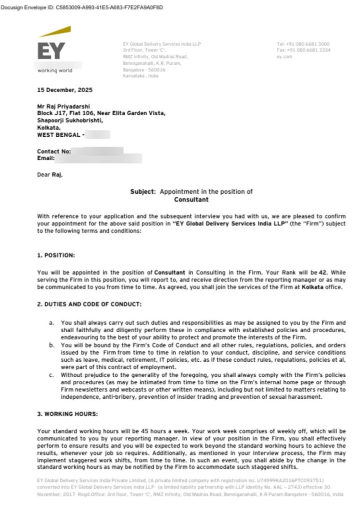 Appointment letter from EY Ernst and Young Global Delivery Services India LLP appointing CIMAGE Group of Institutions Patna student Raj Priyadarshi as Consultant at 14.36 lacs annual package Kolkata 2025