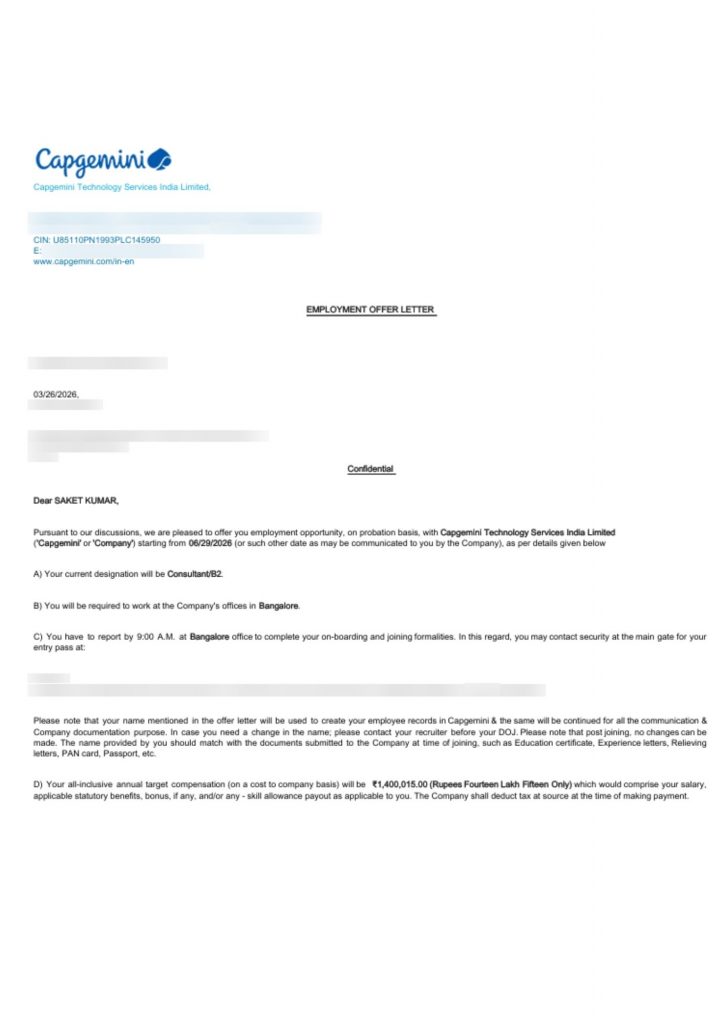 Employment offer letter from Capgemini Technology Services India Limited appointing CIMAGE Group of Institutions Patna student Saket Kumar as Consultant B2 at 14 lacs annual package Bangalore 2026