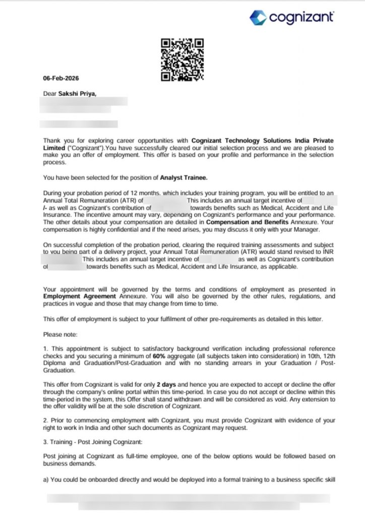 Offer letter from Cognizant Technology Solutions India Private Limited selecting CIMAGE Group of Institutions Patna student Sakshi Priya as Analyst Trainee February 2026