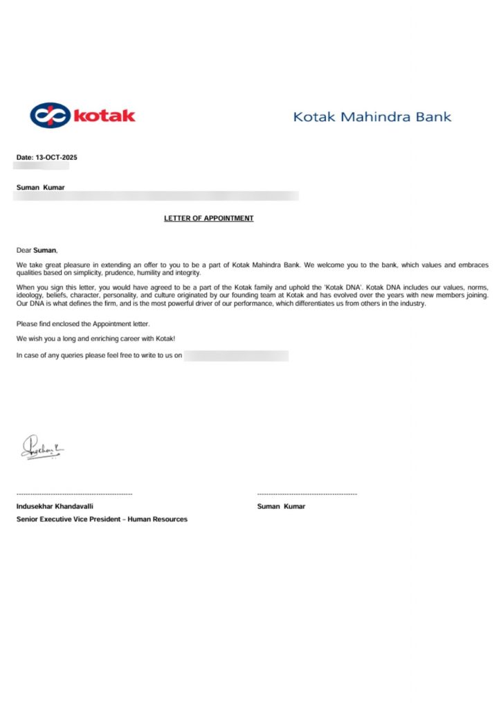Letter of appointment from Kotak Mahindra Bank appointing CIMAGE Group of Institutions Patna student Suman Kumar signed by Senior Executive Vice President Human Resources