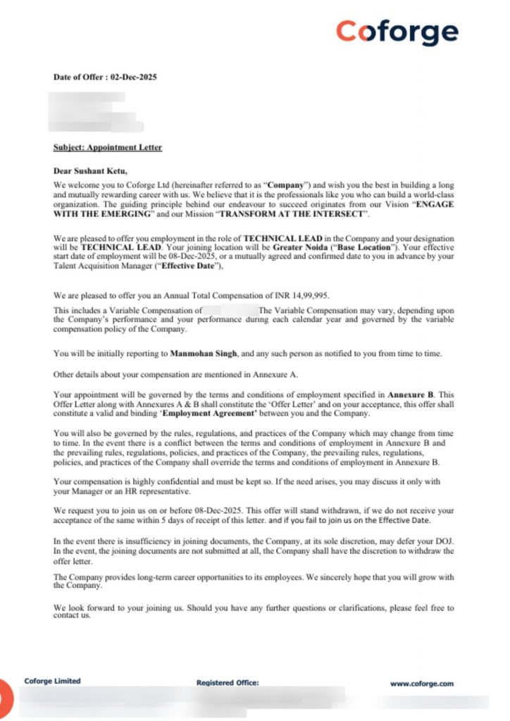 Offer letter from Coforge Ltd appointing CIMAGE Group of Institutions Patna student Sushant Ketu as Technical Lead at 15 lacs annual package Greater Noida December 2025