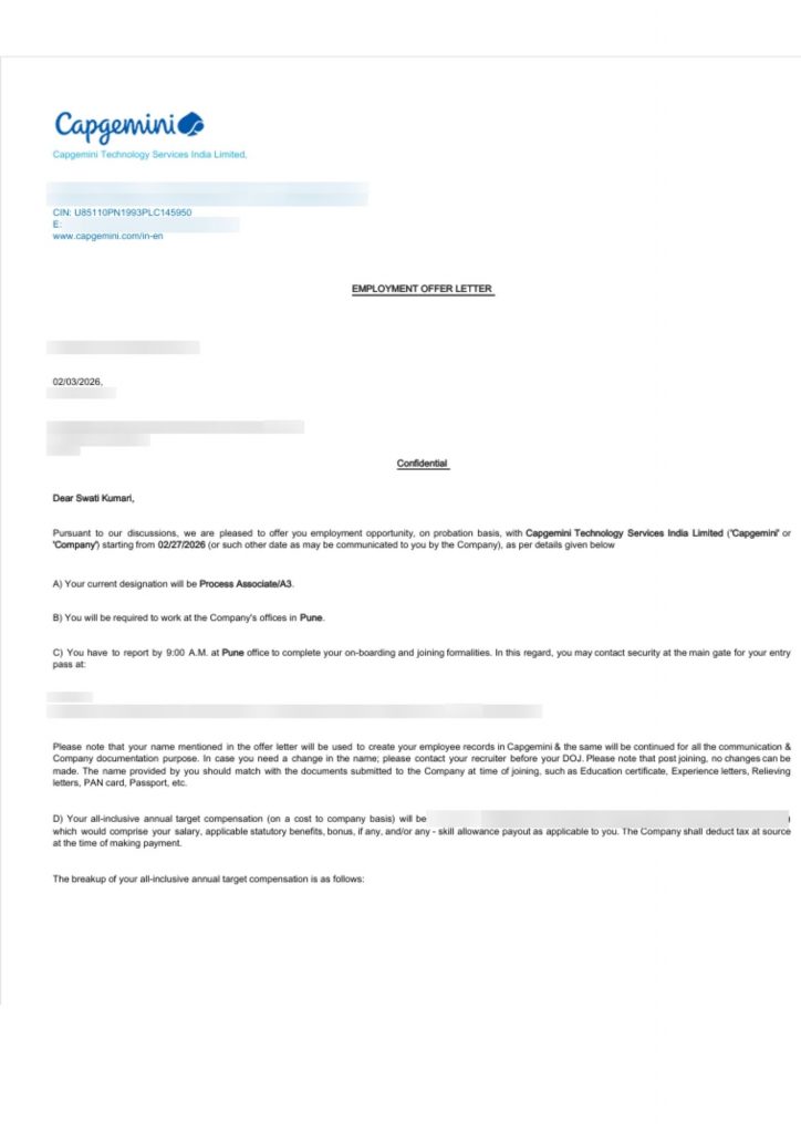 Employment offer letter from Capgemini Technology Services India Limited appointing CIMAGE Group of Institutions Patna student Swati Kumari as Process Associate A3 at Pune office February 2026