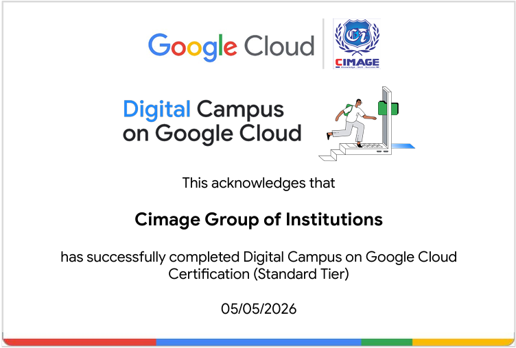 Official Google Cloud Digital Campus certificate awarded to CIMAGE Group of Institutions, Standard Tier certification dated 5 May 2026