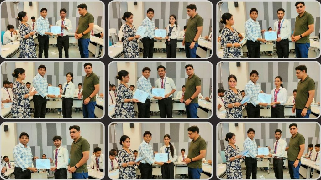 CIMAGE Group of Institutions students receiving certificates from Dean Dr. Neeraj Poddar after Dainik Jagran's Abhimat: Youth Voices on Water Crisis discussion in Patna