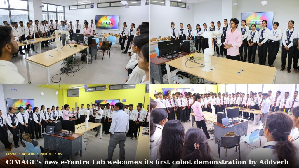 CIMAGE students gather around the Syncro 5 cobot during the e-Yantra Lab inauguration demonstration by Addverb in Patna.