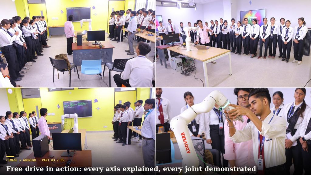 Addverb engineer demonstrating cobot free-drive mode and six-axis movement to CIMAGE students.