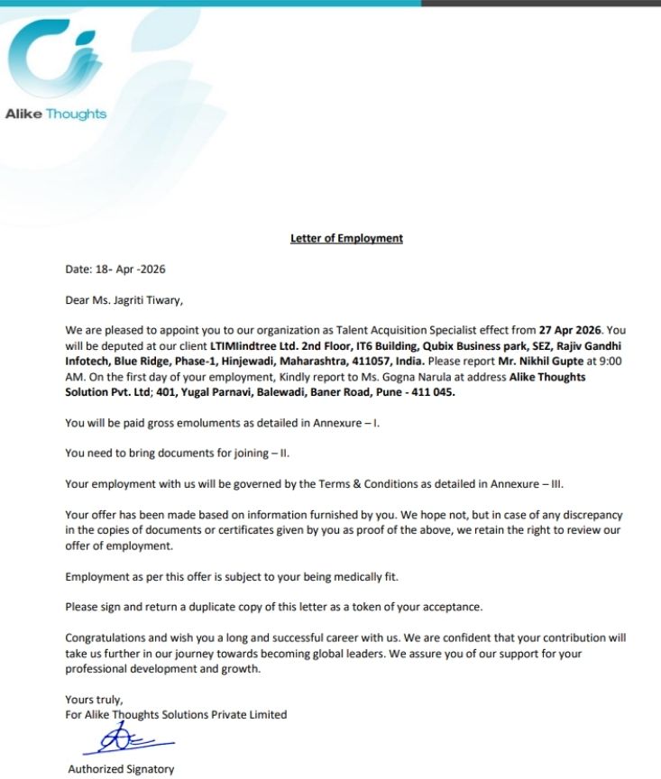 Letter of employment from Alike Thoughts Solutions appointing CIMAGE Group of Institutions Patna student Jagriti Tiwary as Talent Acquisition Specialist deployed at LTIMindtree Hinjewadi Pune April 2026