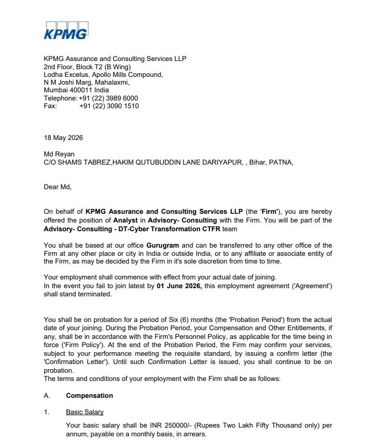 Offer letter from KPMG Assurance and Consulting Services LLP appointing CIMAGE Group of Institutions Patna student Md Reyan as Analyst in Advisory Consulting DT Cyber Transformation CTFR team Gurugram May 2026