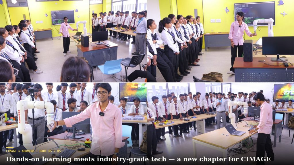 CIMAGE students and faculty engage with the Syncro 5 cobot during the hands-on Addverb workshop in Patna.