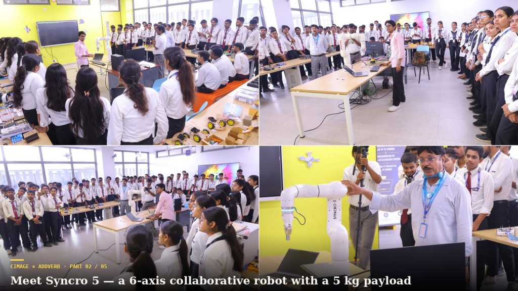 Syncro 5 six-axis collaborative robot by Addverb on display during the cobot demonstration at CIMAGE.