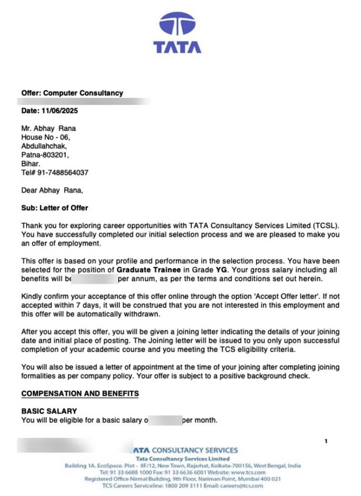 Letter of offer from Tata Consultancy Services TCS selecting CIMAGE Group of Institutions student Abhay Rana from Abdullahchak Patna Bihar as Graduate Trainee