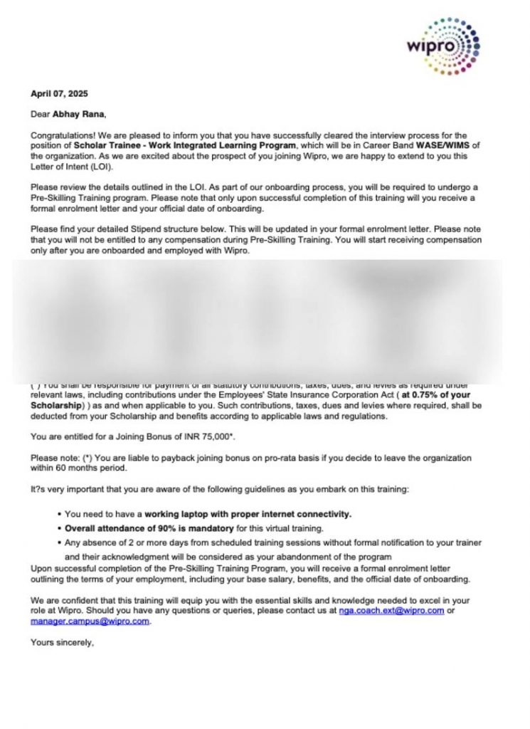 Letter of Intent from Wipro Technologies selecting CIMAGE Group of Institutions Patna student Abhay Rana as Scholar Trainee Work Integrated Learning Program