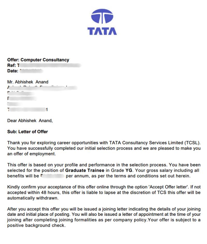 CIMAGE Group of Institutions Patna student Abhishek Anand got placement at Tata Consultancy Services (TCS) as a Graduate Trainee, Grade YG