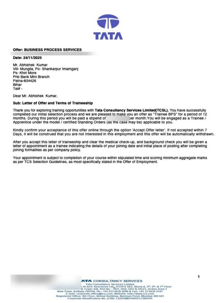 Letter of offer from Tata Consultancy Services TCS selecting CIMAGE Group of Institutions student Abhishek Kumar from Shankarpur Imamganj Patna Bihar as Trainee Business Process Services