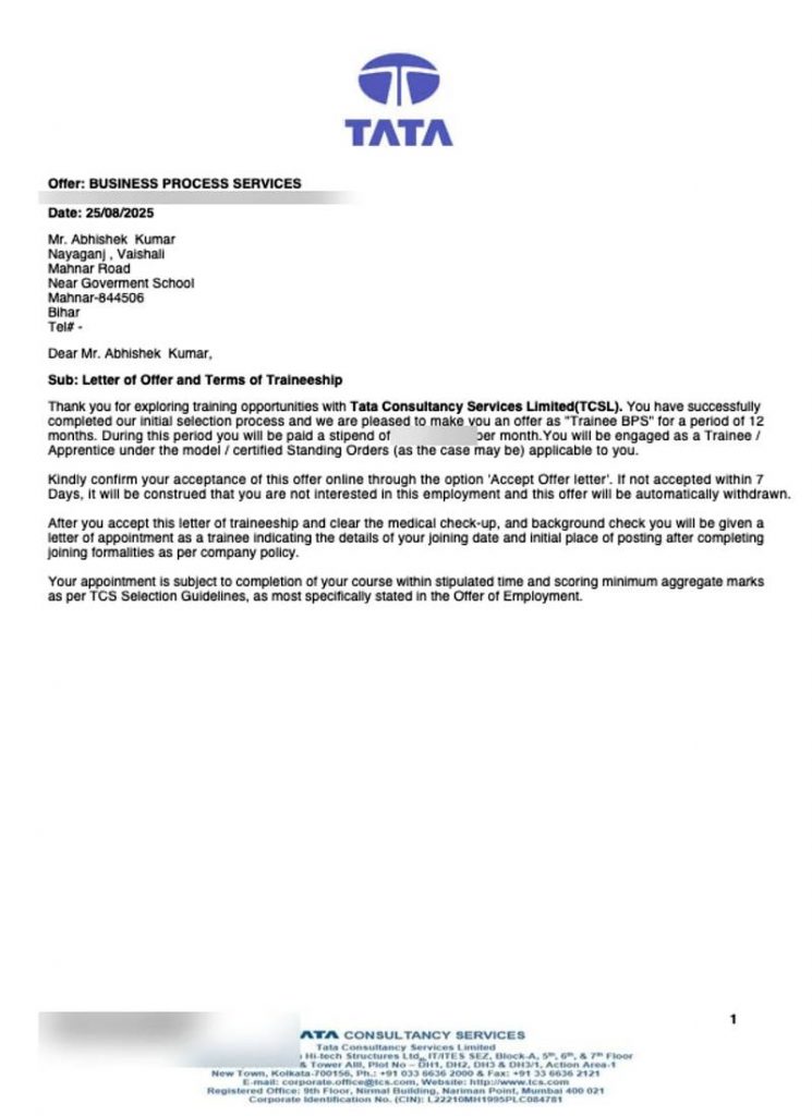 Offer letter from Tata Consultancy Services TCS selecting CIMAGE Group of Institutions student Abhishek Kumar from Nayaganj Vaishali Bihar as Trainee Business Process Services BPS for 12 month traineeship August 2025