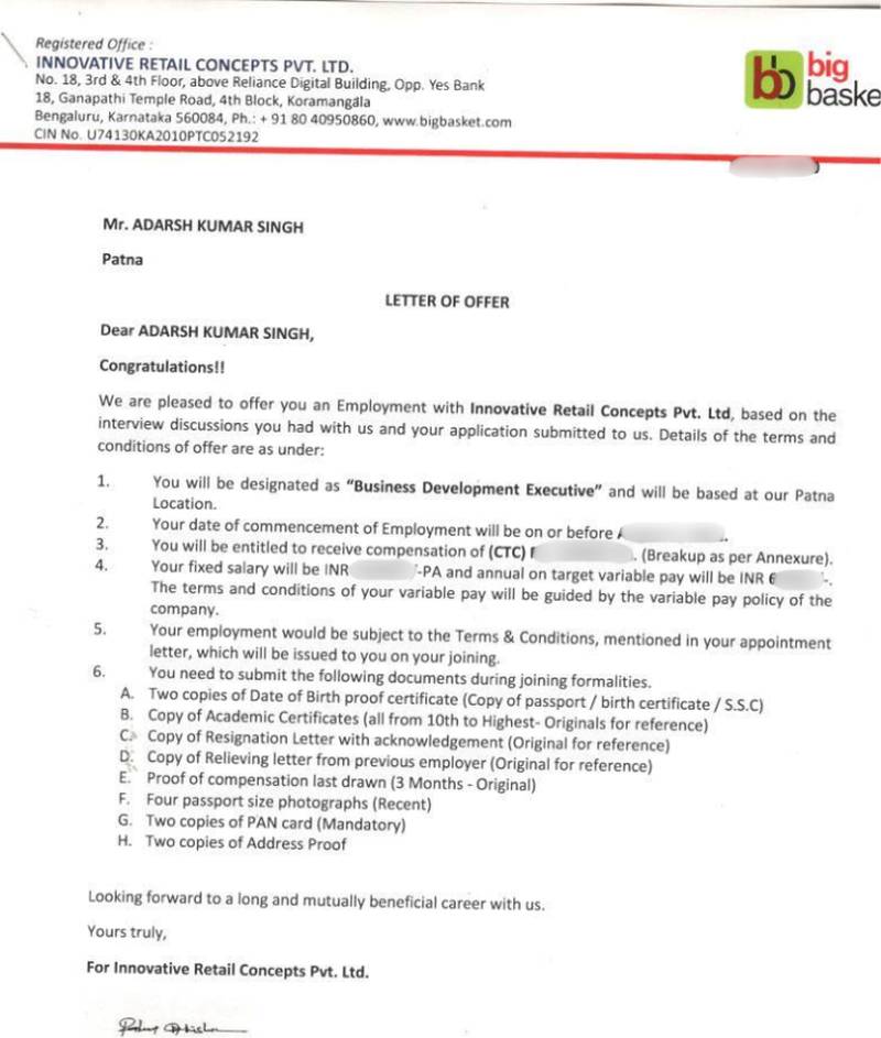 CIMAGE Group of Institutions Patna student Adarsh Kumar Singh got placement at BigBasket Innovative Retail Concepts as Business Development Executive Patna