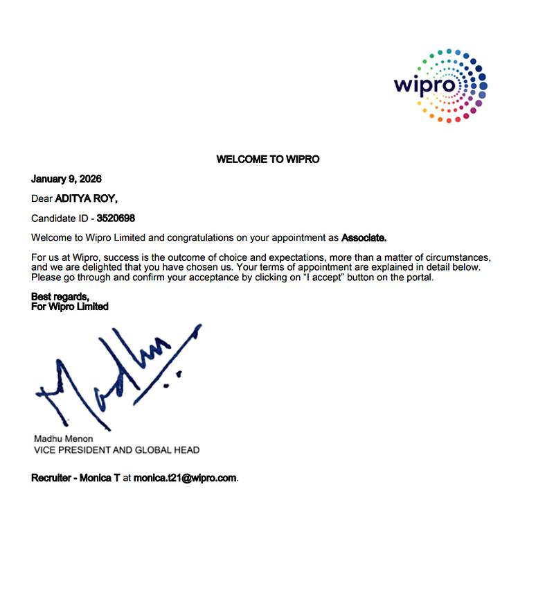 CIMAGE Group of Institutions Patna student Aditya Roy got placement at Wipro Limited as Associate