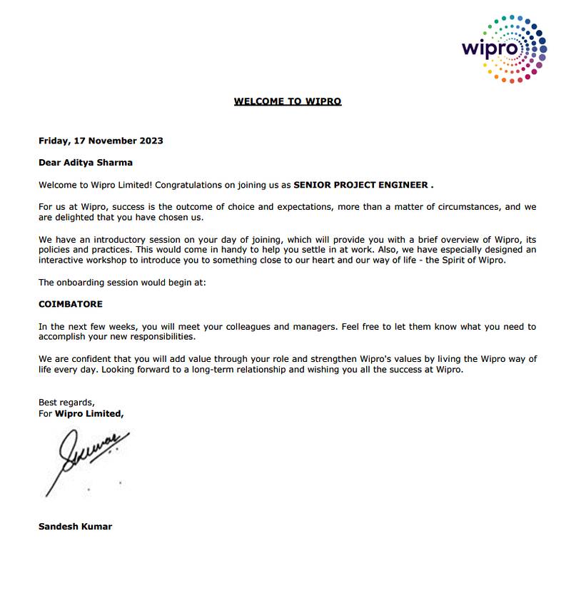 CIMAGE Group of Institutions Patna student Aditya Sharma got placement at Wipro as Senior Project Engineer onboarding at Coimbatore
