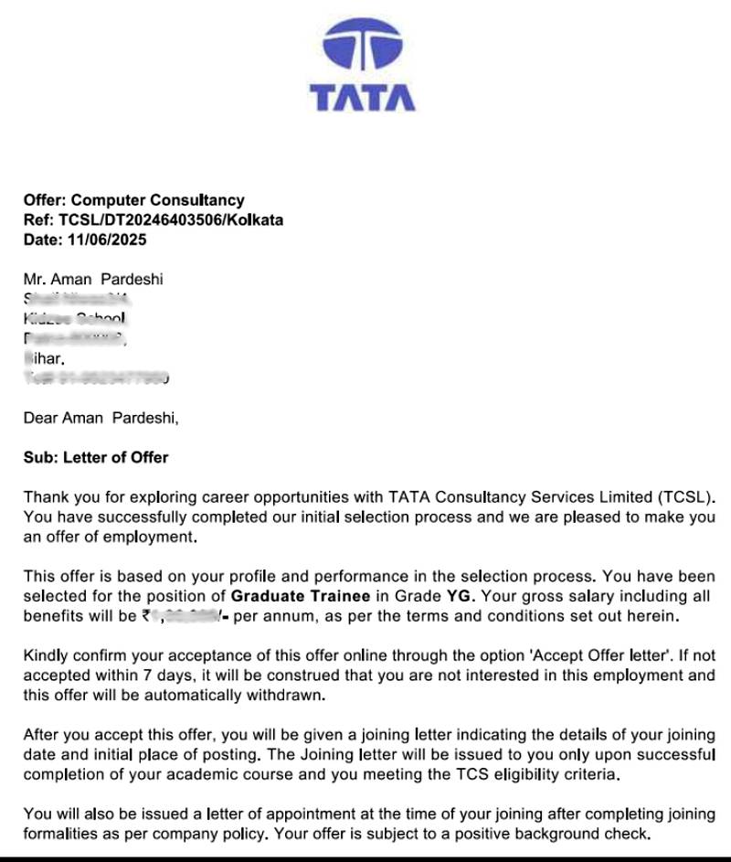 CIMAGE Group of Institutions Patna student Aman Pardeshi got placement at Tata Consultancy Services TCS as Graduate Trainee Grade