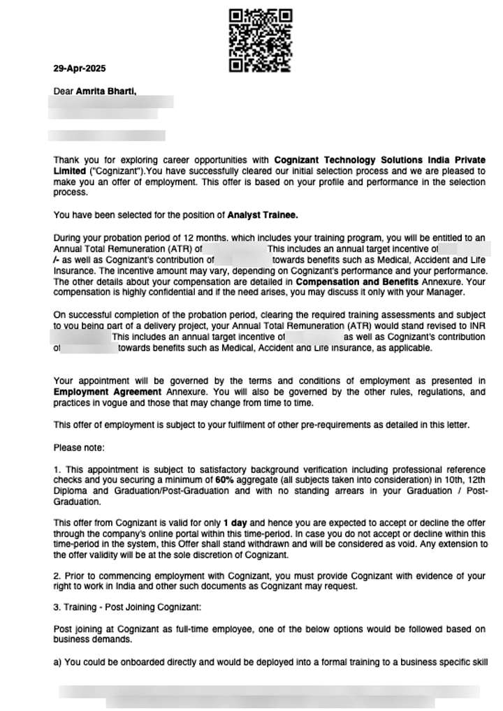 Offer letter from Cognizant Technology Solutions India Private Limited selecting CIMAGE Group of Institutions Patna student Amrita Bharti as Analyst Trainee