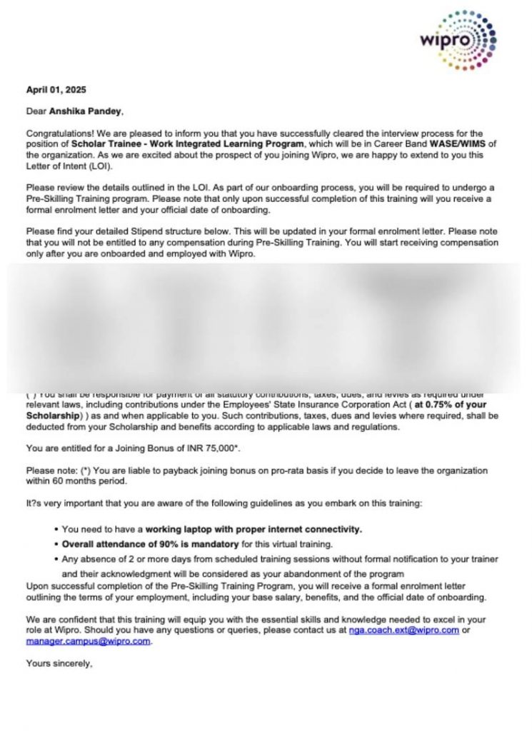 Letter of Intent from Wipro Technologies selecting CIMAGE Group of Institutions Patna student Anshika Pandey as Scholar Trainee Work Integrated Learning Program
