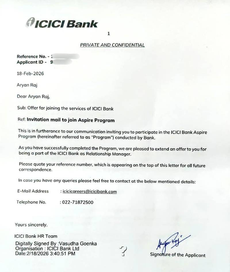 CIMAGE Group of Institutions Patna student Aryan Raj got placement at ICICI Bank as Relationship Manager through the ICICI Bank Aspire Program