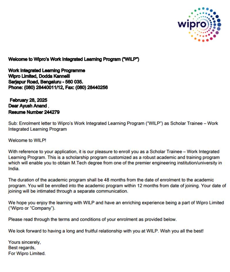 CIMAGE Group of Institutions Patna student Ayush Anand got placement at Wipro as Scholar Trainee in the Work Integrated Learning Program WILP M.Tech