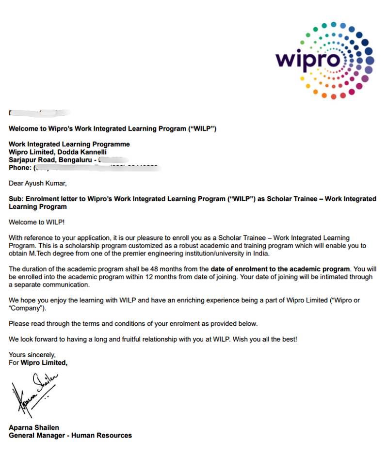 CIMAGE Group of Institutions Patna student Ayush Kumar got placement at Wipro as Scholar Trainee in the Work Integrated Learning Program WILP M.Tech
