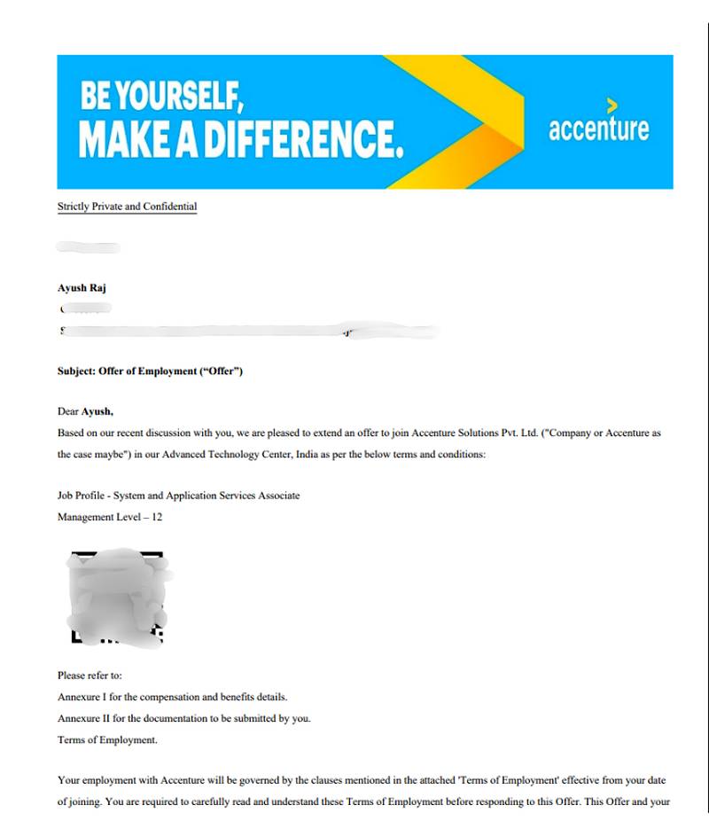 CIMAGE Group of Institutions Patna student Ayush Raj got placement at Accenture Solutions as System and Application Services Associate Management Level 12 Advanced Technology Center India