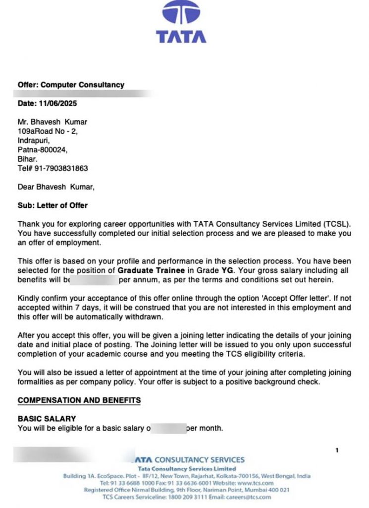 Letter of offer from Tata Consultancy Services TCS selecting CIMAGE Group of Institutions Patna student Bhavesh Kumar as Graduate Trainee Grade