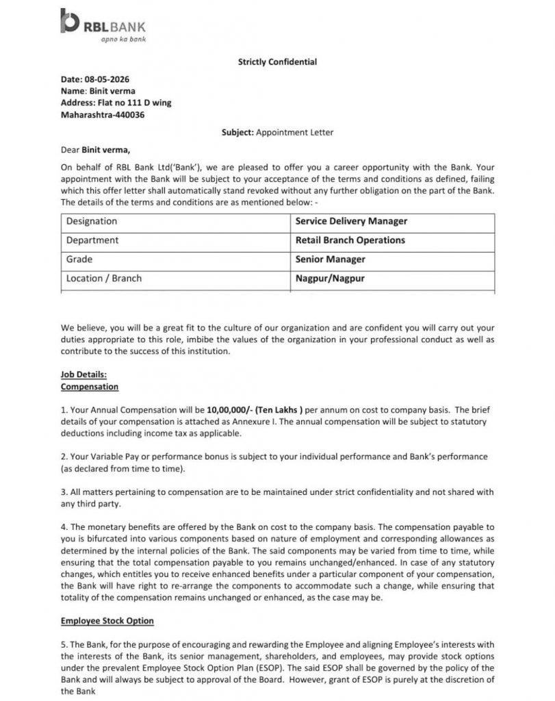Appointment letter from RBL Bank appointing CIMAGE Group of Institutions Patna student Binit Verma as Service Delivery Manager in Retail Branch Operations Senior Manager Grade at 10 lacs annual package Nagpur May 2026