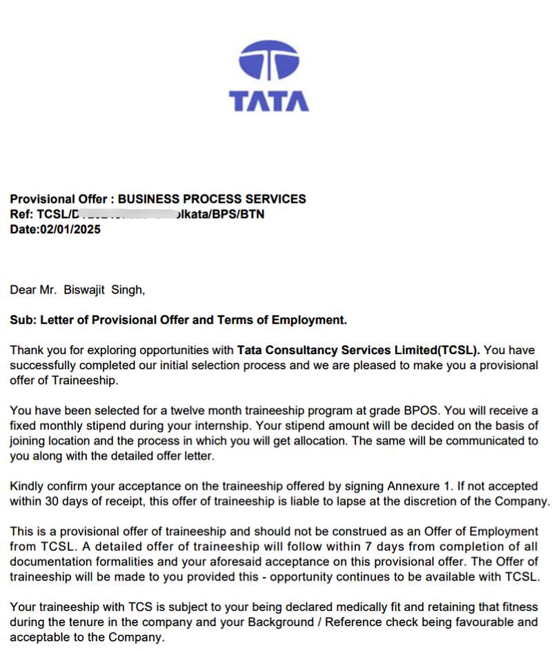 CIMAGE Group of Institutions Patna student Biswajit Singh got placement at Tata Consultancy Services TCS as Trainee BPS Business Process Services