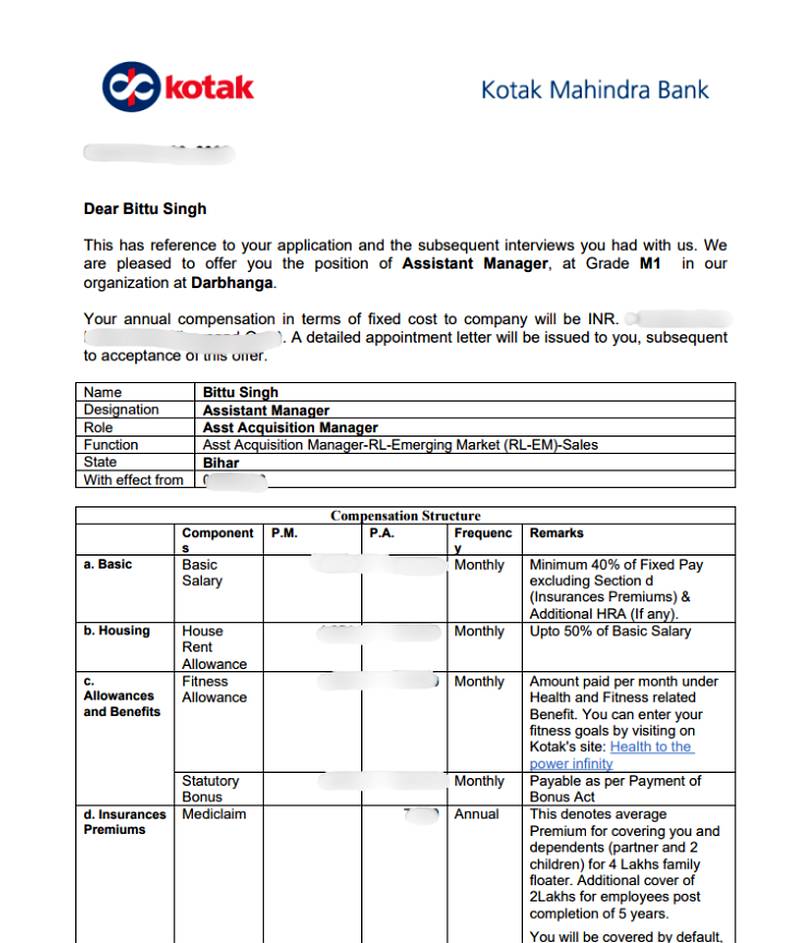 CIMAGE Group of Institutions Patna student Bittu Singh got placement at Kotak Mahindra Bank as Assistant Manager Grade M1 Acquisition Manager RL Emerging Market Sales Darbhanga Bihar