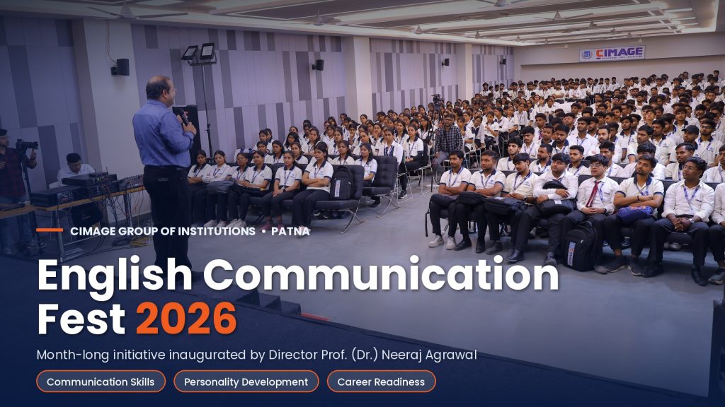 Director Prof. Dr. Neeraj Agrawal addressing students at the launch of English Communication Fest 2026 at CIMAGE Group of Institutions, Patna