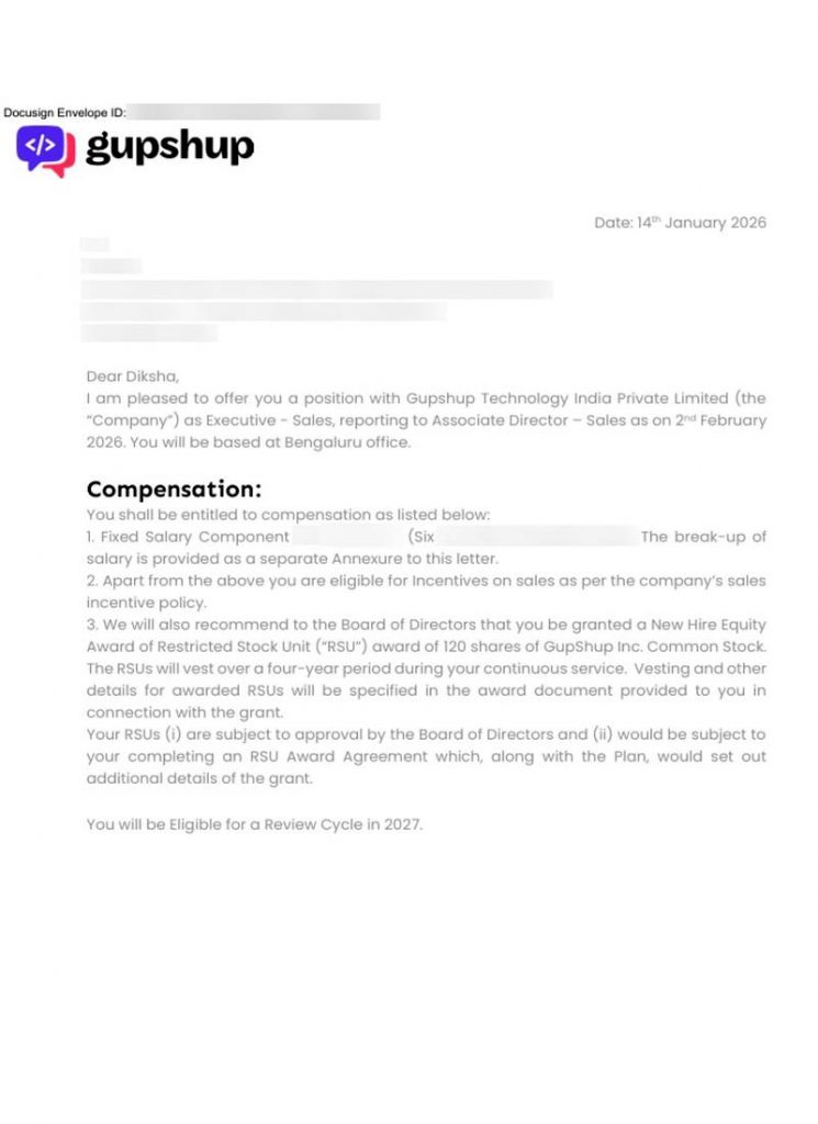 Offer letter from Gupshup Technology India Private Limited appointing CIMAGE Group of Institutions Patna student Diksha as Executive Sales at Bengaluru