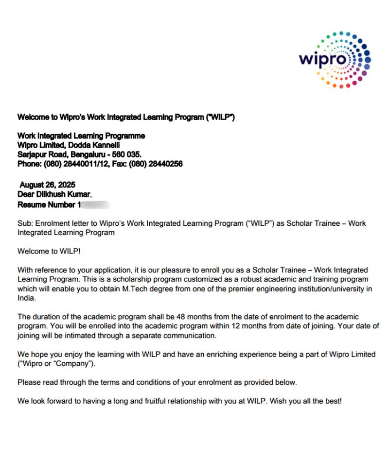 CIMAGE Group of Institutions Patna student Dilkhush Kumar got placement at Wipro as Scholar Trainee in the Work Integrated Learning Program WILP M.Tech