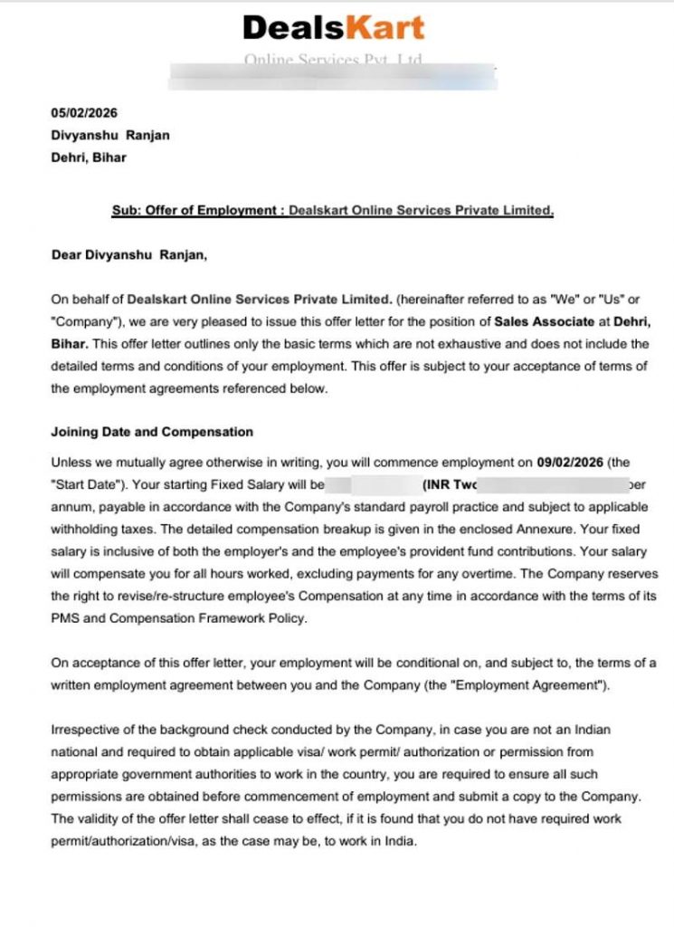 Offer of employment letter from Dealskart Online Services Private Limited appointing CIMAGE Group of Institutions student Divyanshu Ranjan from Dehri Bihar as Sales Associate