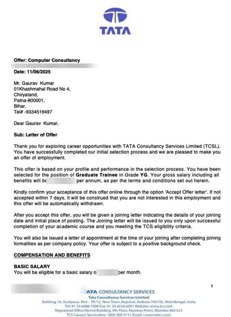 Letter of offer from Tata Consultancy Services TCS selecting CIMAGE Group of Institutions student Gaurav Kumar from Chiryatand Khashmahal Road Patna Bihar as Graduate Trainee Grade YG